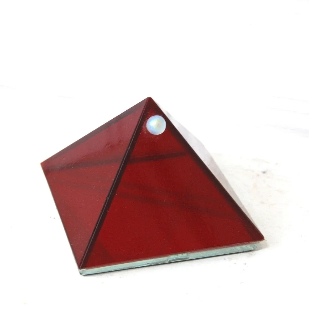Vintage Kheops International Pyramid Wishing Box Red Glass Mirror Trinket Case